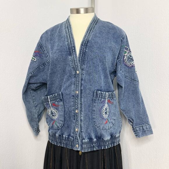 Vintage Embroidered Acid Denim Bomber Jacket Snap Front Large - Picture 8 of 8